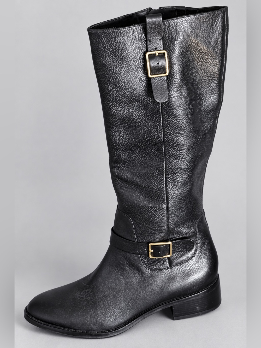 NWOT Cole Haan Grand.OS Black Leather Riding Boots Gold Buckle Size 10B Luxury